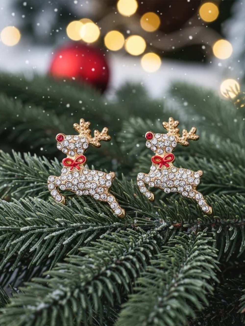 Holiday Gold Reindeer Crystal Stud Earrings